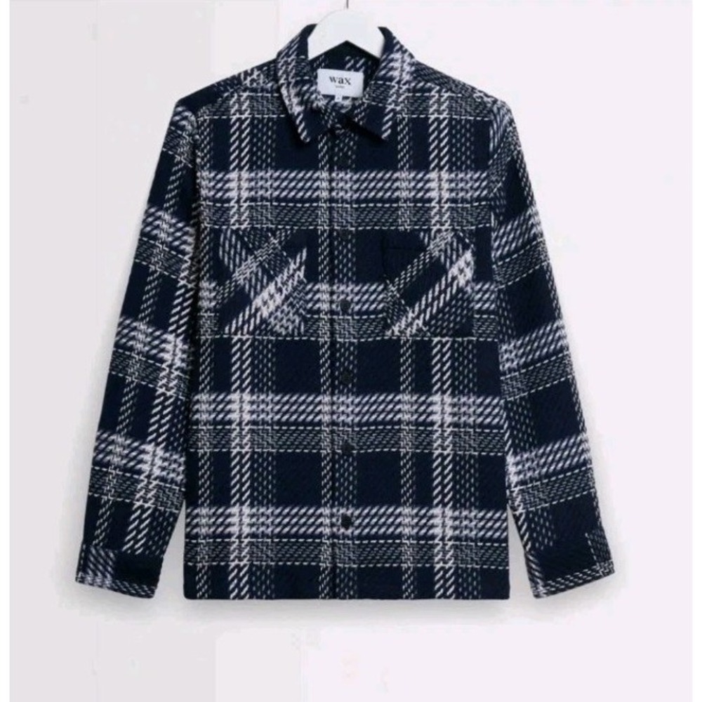 Wax London Whiting Plaid Overshirt Mens M Navy Ecru Woven Check Beatnik Shirt